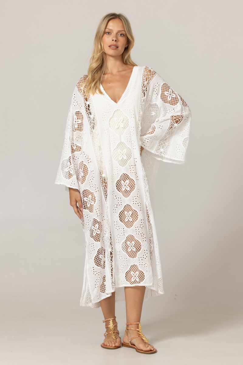 Caftano lungo Eden bianco - Ricamo inglese - 100% cotone - Miss June Paris - 3
