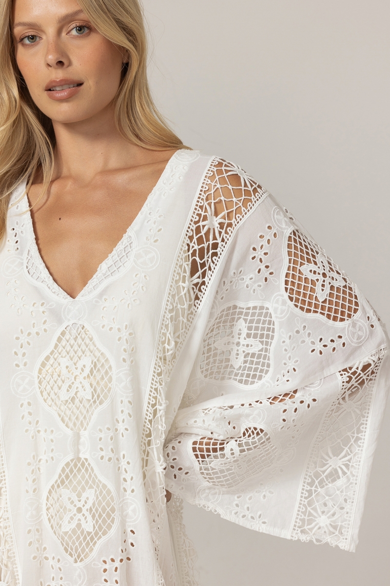 Caftano lungo Eden bianco - Ricamo inglese - 100% cotone - Miss June Paris - 5