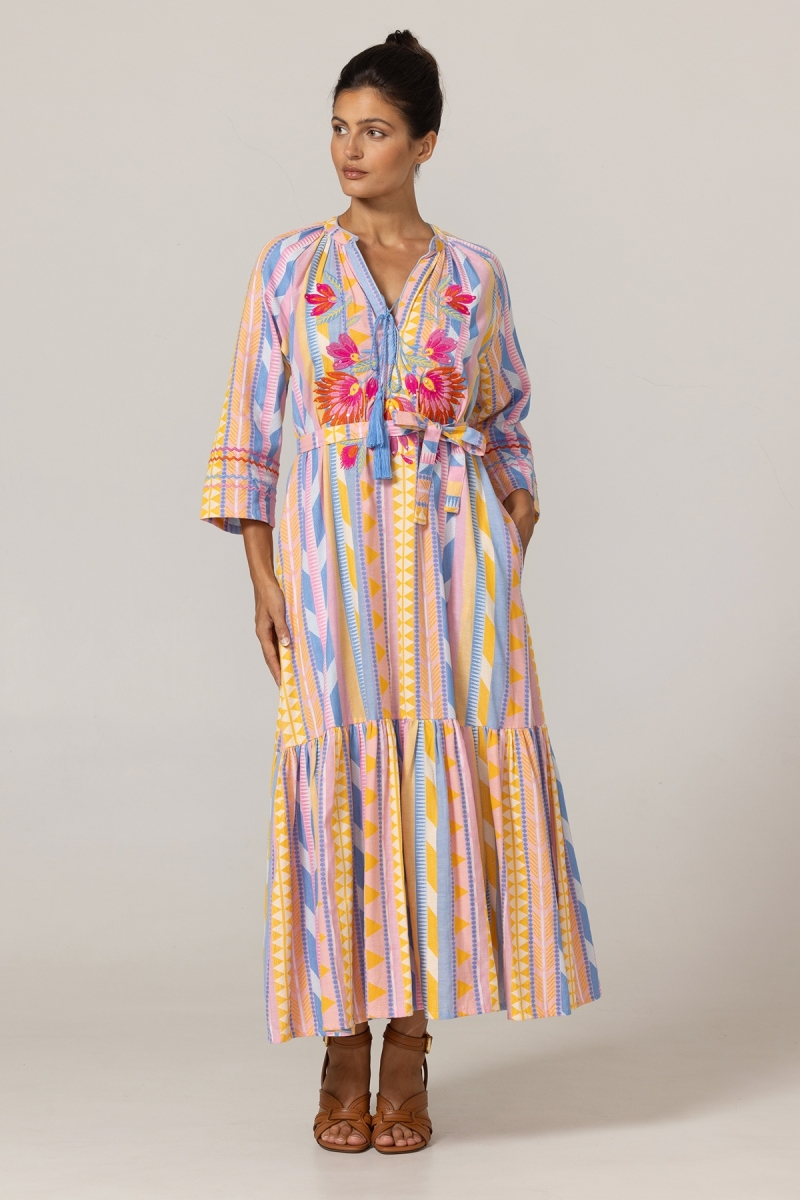 Langes Kleid Naya - Pastellstreifen - Blumenstickerei am Brustteil - 100% Baumwolle - Miss June Paris - 3
