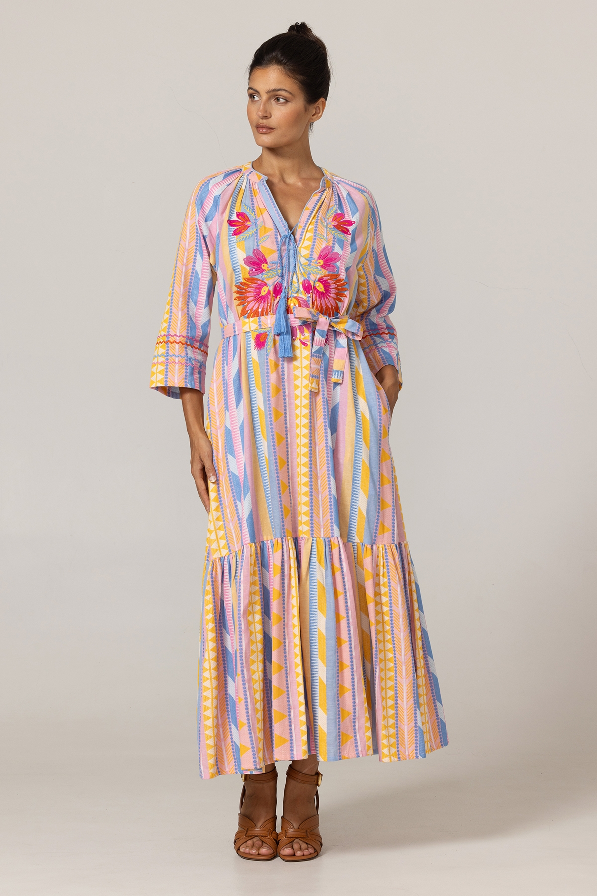 Naya Long Dress - Pastel Stripes - Floral Embroidery Yoke - 100% Cotton - Miss June Paris - 3