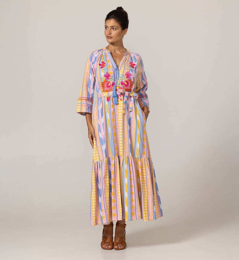 Naya Long Dress - Pastel Stripes - Floral Embroidery Yoke - 100% Cotton - Miss June Paris - 3