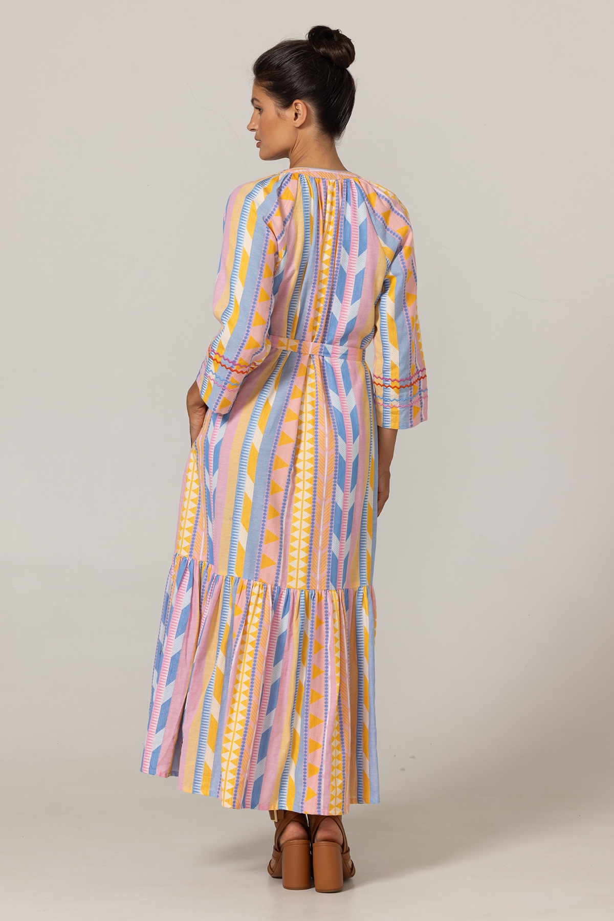 Naya Long Dress - Pastel Stripes - Floral Embroidery Yoke - 100% Cotton - Miss June Paris - 4