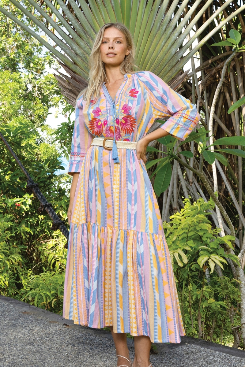 Vestido Largo Naya - Rayas Pastel - Yugo con Bordados Florales - 100% Algodón - Miss June Paris - 1