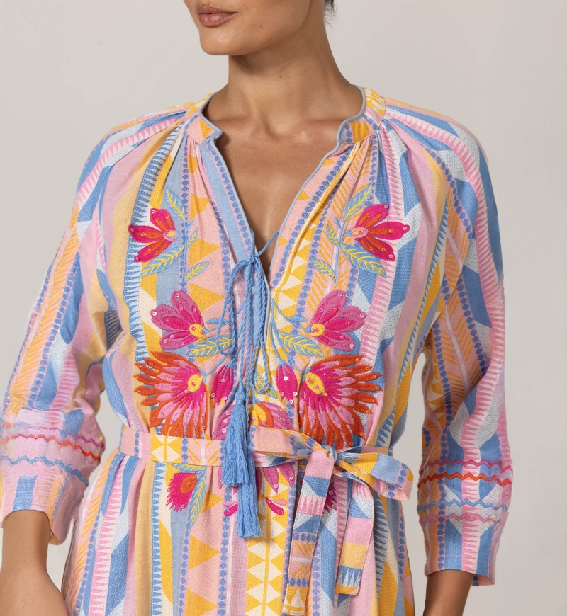 Vestido Largo Naya - Rayas Pastel - Yugo con Bordados Florales - 100% Algodón - Miss June Paris - 5