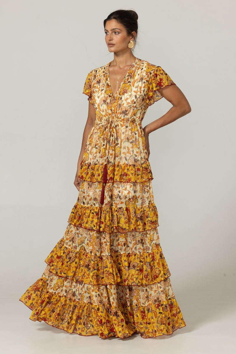 Vestido longo Raya - Laço para amarrar - Babados leves - Padrões florais - Miss June Paris - 3