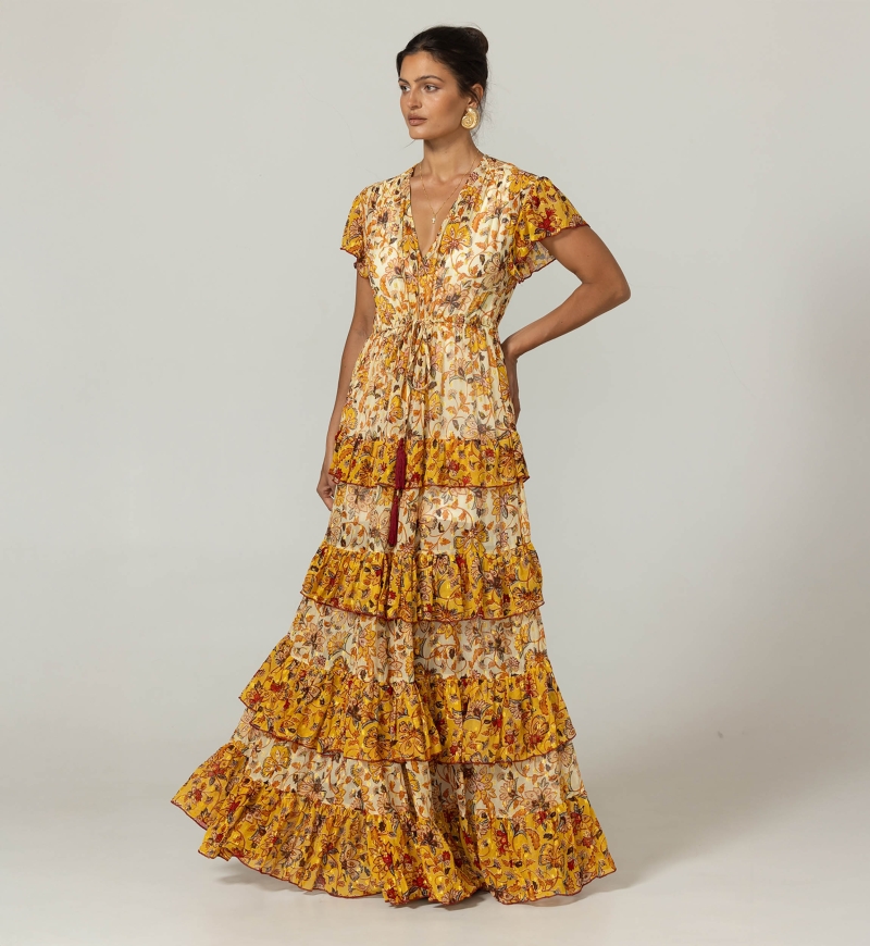 Vestido longo Raya - Laço para amarrar - Babados leves - Padrões florais - Miss June Paris - 3