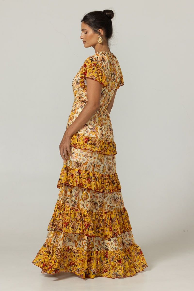 Vestido longo Raya - Laço para amarrar - Babados leves - Padrões florais - Miss June Paris - 4