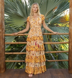 Vestido longo Raya - Laço para amarrar - Babados leves - Padrões florais - Miss June Paris - 1