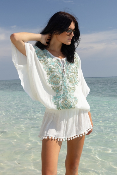 Short Dress Natalya: white color - chest decorated with thread and tube-shaped aqua pearls - mini dress - Miss June Paris - 1