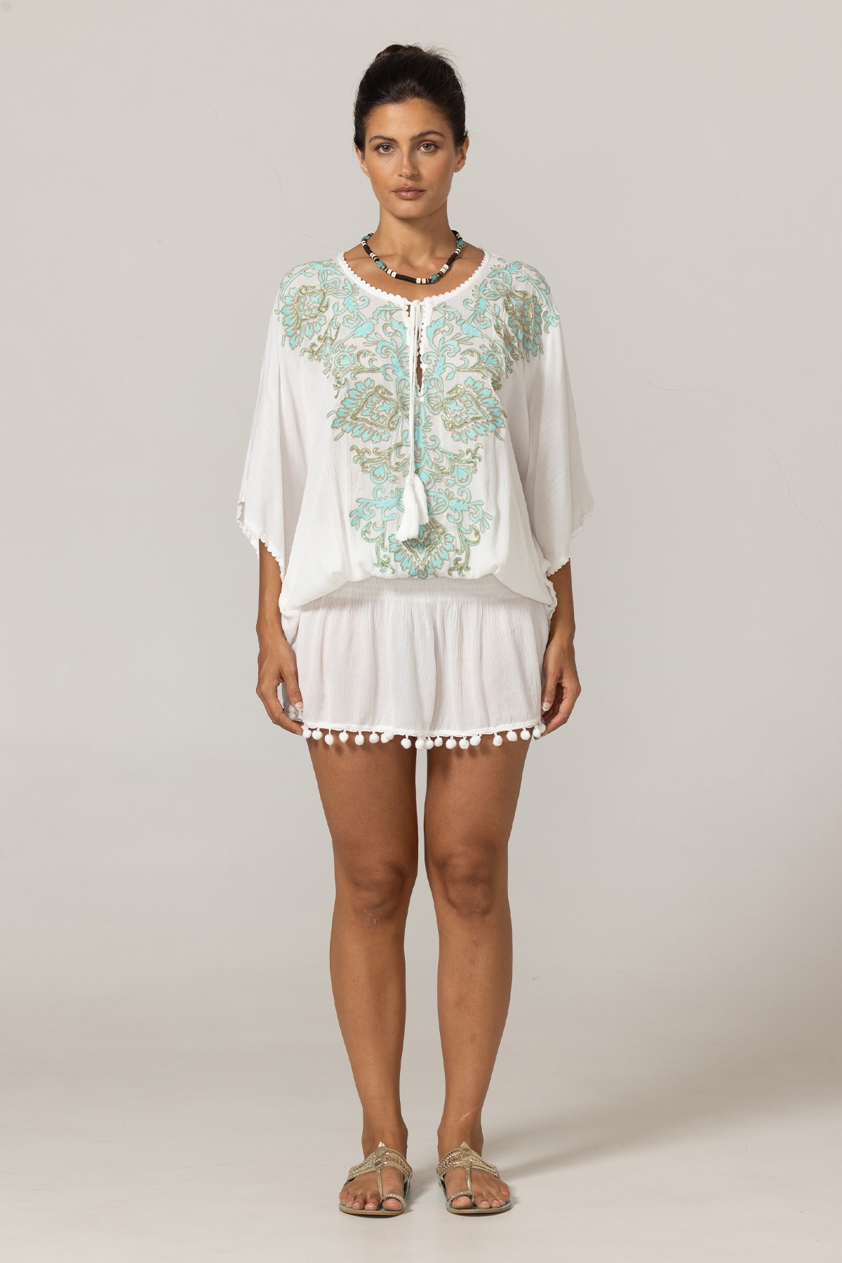 Short Dress Natalya: white color - chest decorated with thread and tube-shaped aqua pearls - mini dress - Miss June Paris - 3