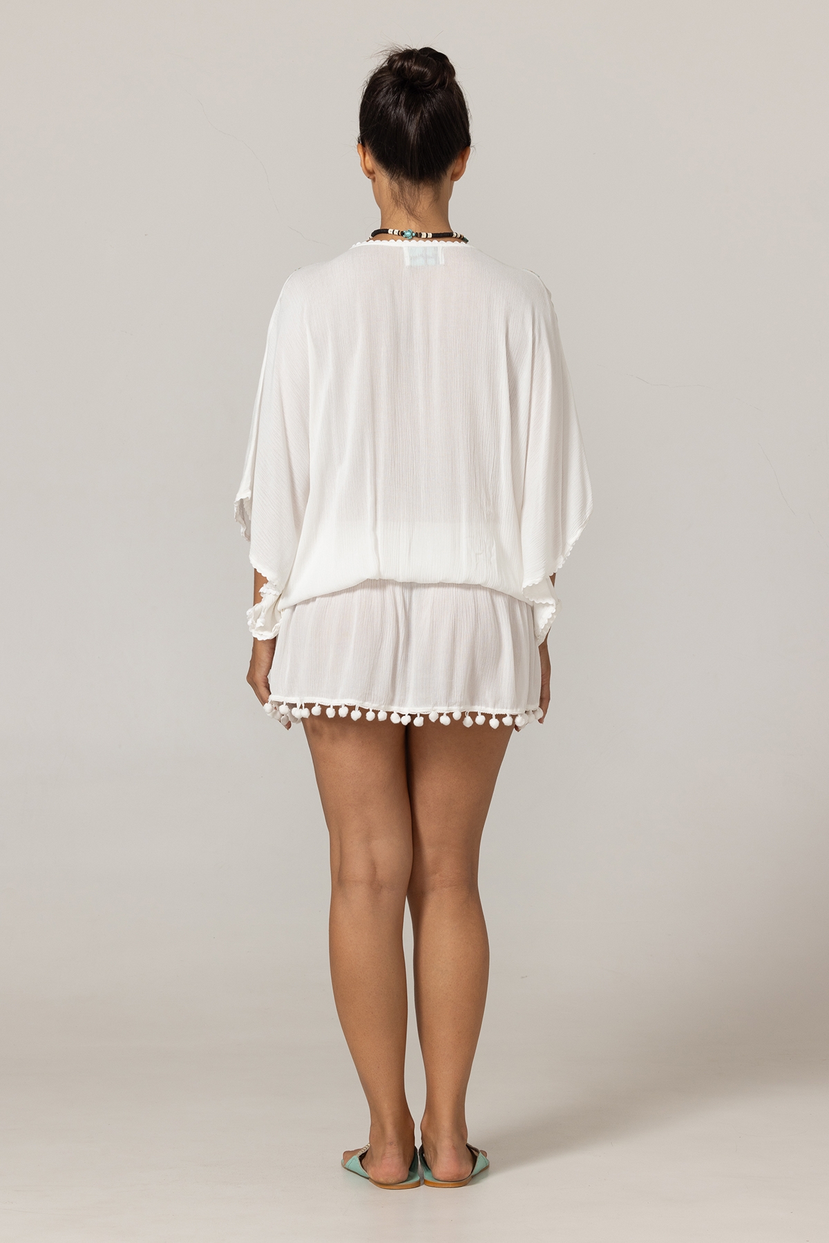 Short Dress Natalya: white color - chest decorated with thread and tube-shaped aqua pearls - mini dress - Miss June Paris - 4