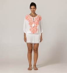 Abito Corto Natalya: colore bianco - scollo decorato con perle a forma di tubo - rosa/neon - mini abito - Miss June Paris - 3