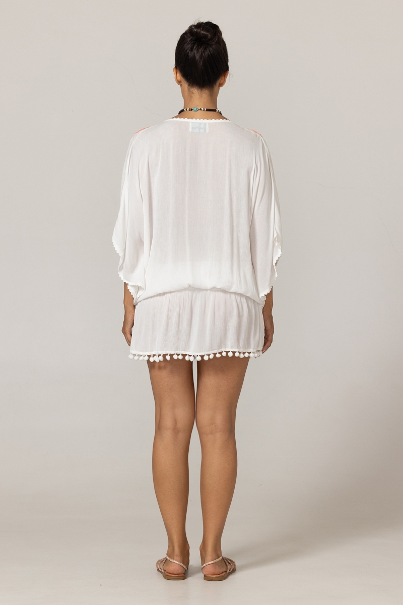 Vestido Corto Natalya: blanco - pecho decorado con perlas en forma de tubo - rosa/neón - mini vestido - Miss June Paris - 4