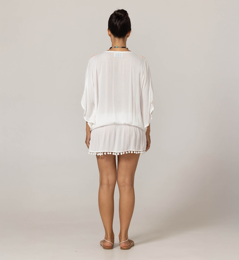 Short Dress Natalya: white color - chest decorated with tube-shaped pearls - pink/neon - mini dress - Miss June Paris - 4