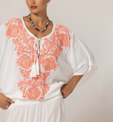 Kurzes Kleid Natalya: weiße - Brust verziert mit Röhrenperlen - rosa/neon - Mini-Kleid - Miss June Paris - 5