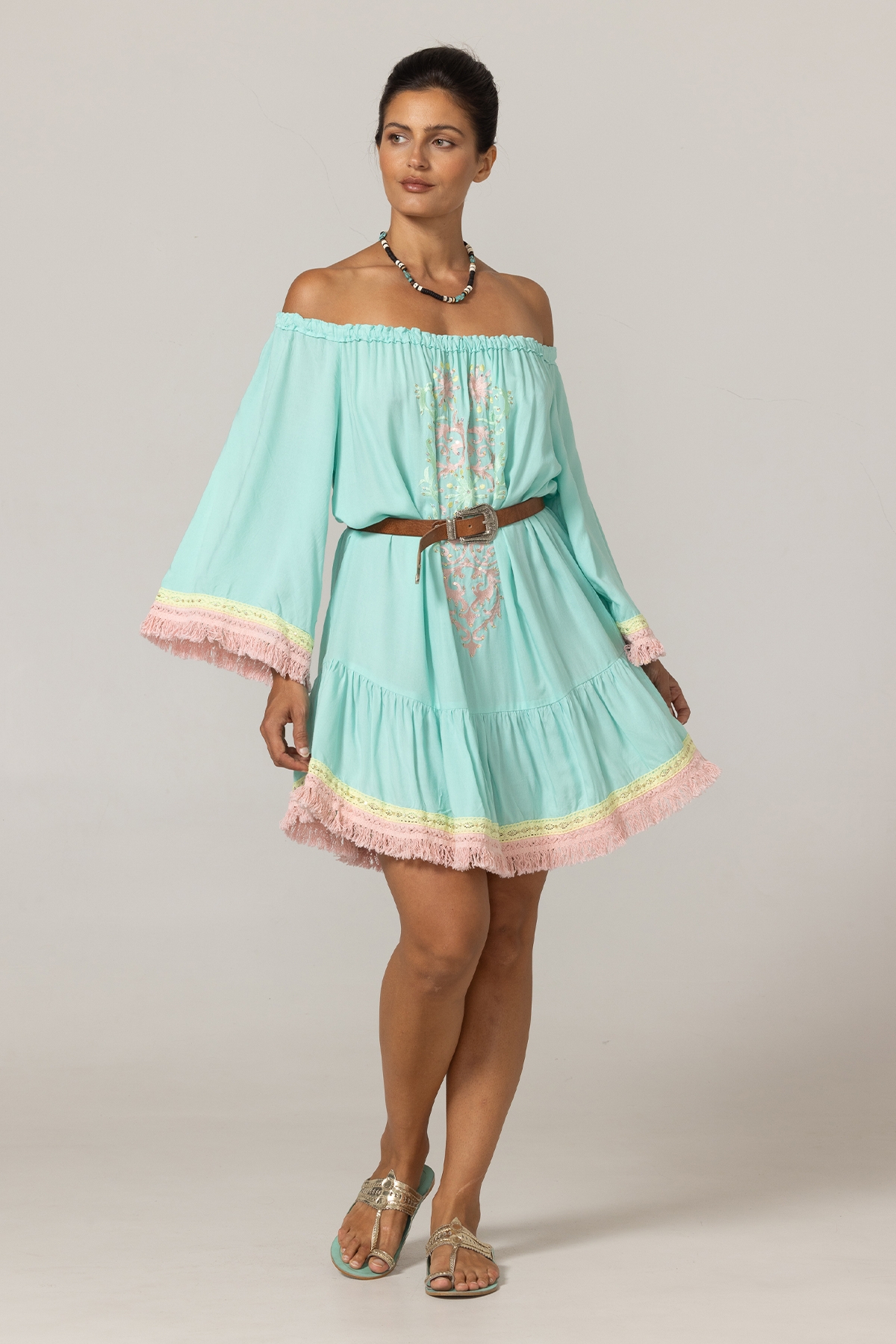 Azra Short Dress: aqua - embroidered bib - off-shoulder - 100% Modal - cotton fringes - Miss June Paris - 3