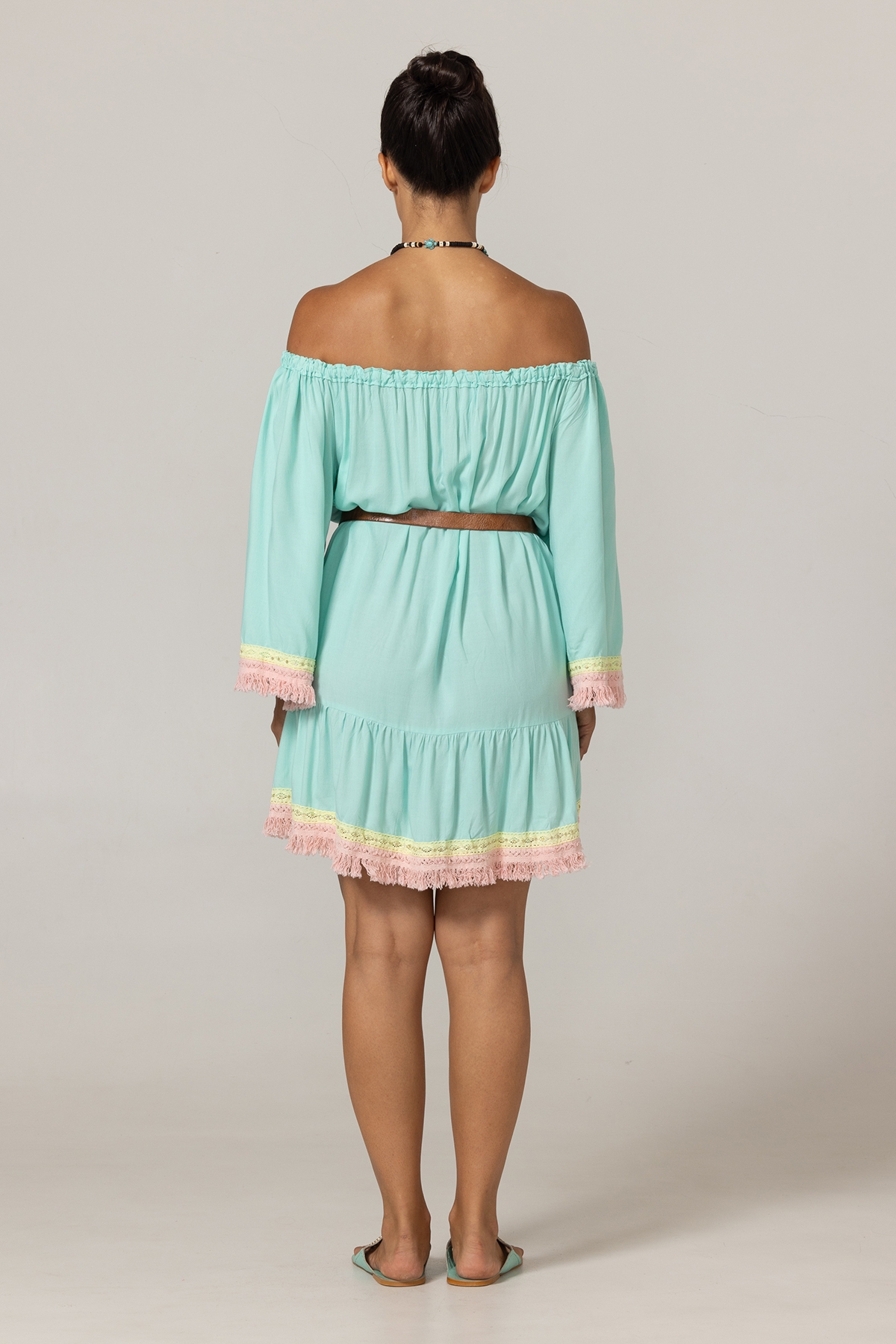 Azra Short Dress: aqua - embroidered bib - off-shoulder - 100% Modal - cotton fringes - Miss June Paris - 4