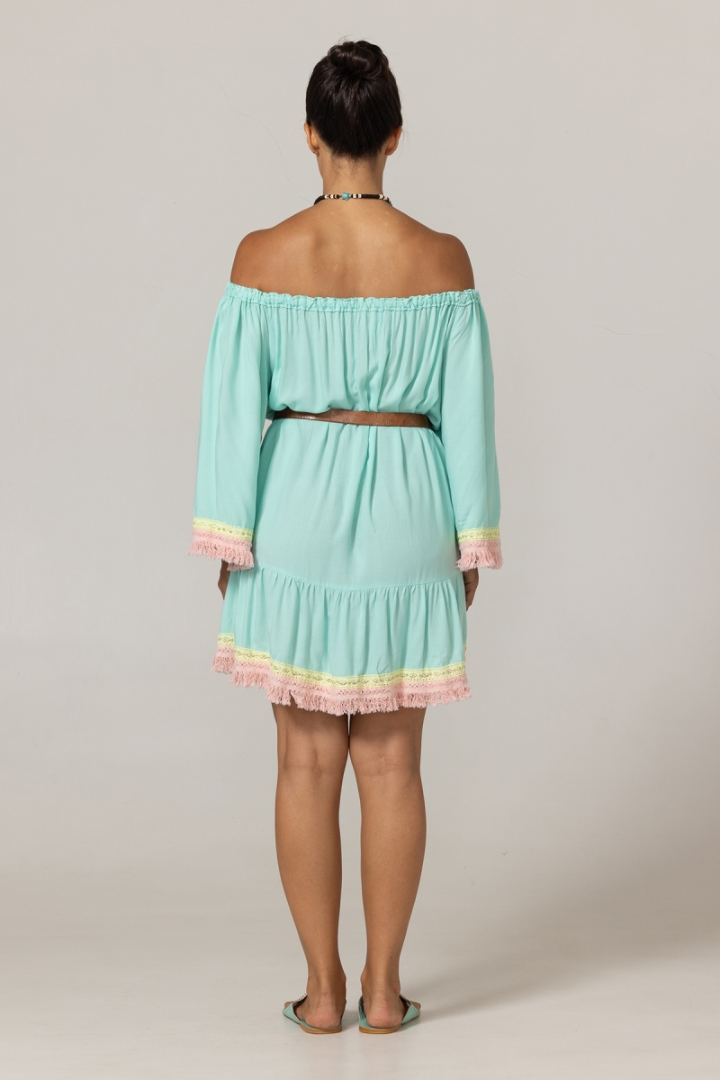 Abito Corto Azra: aqua - bustino ricamato - spalle scoperte - 100% Modal - frange in cotone - Miss June Paris - 4