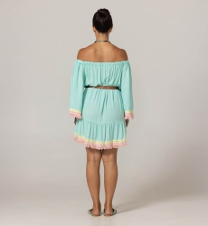 Abito Corto Azra: aqua - bustino ricamato - spalle scoperte - 100% Modal - frange in cotone - Miss June Paris - 4