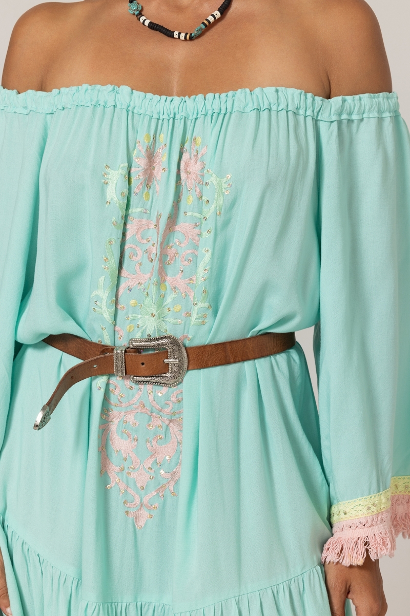 Vestido Curto Azra: aqua - peitoral bordado - ombros à mostra - 100% Modal - franjas de algodão - Miss June Paris - 5