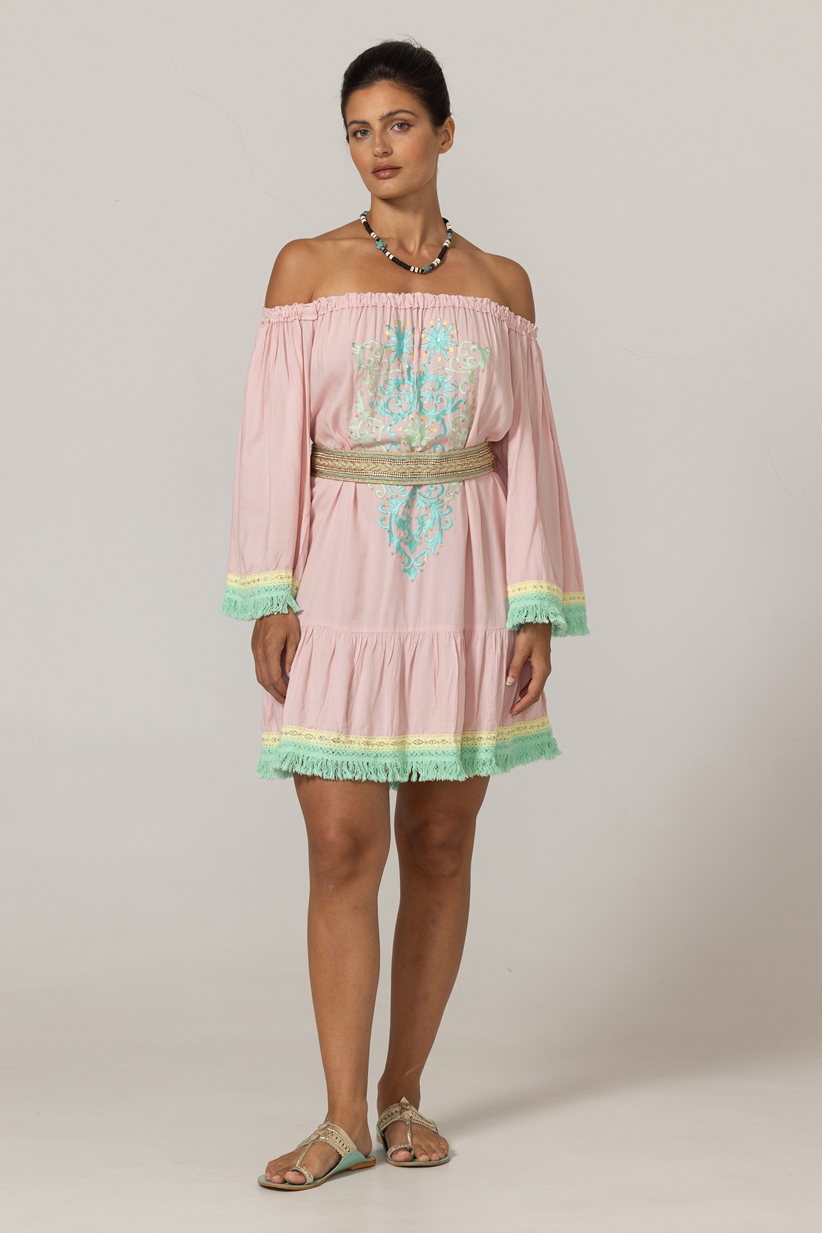 Azra Short Dress: pink - embroidered bib - off-shoulder - 100% Modal - cotton fringes - Miss June Paris - 3