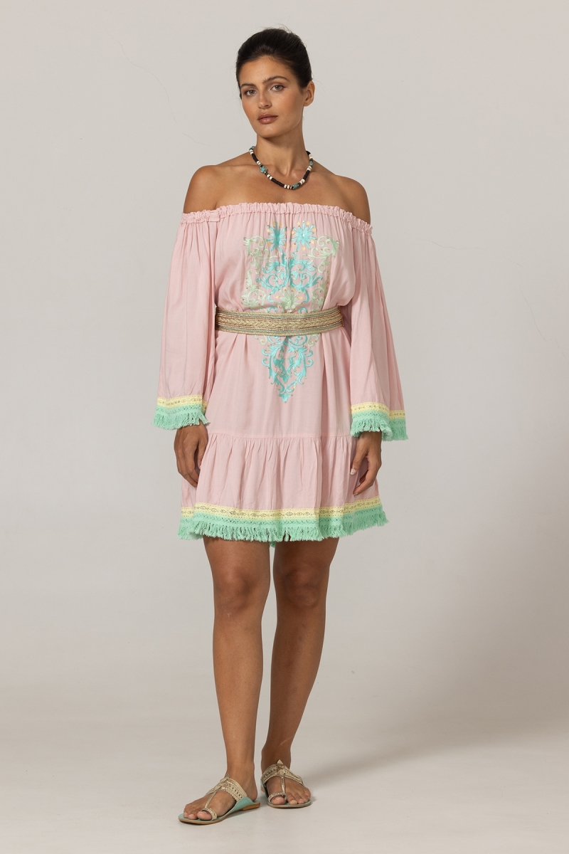 Azra Kurzes Kleid: rosa - besticktes Brustteil - schulterfrei - 100% Modal - Baumwollfransen - Miss June Paris - 3