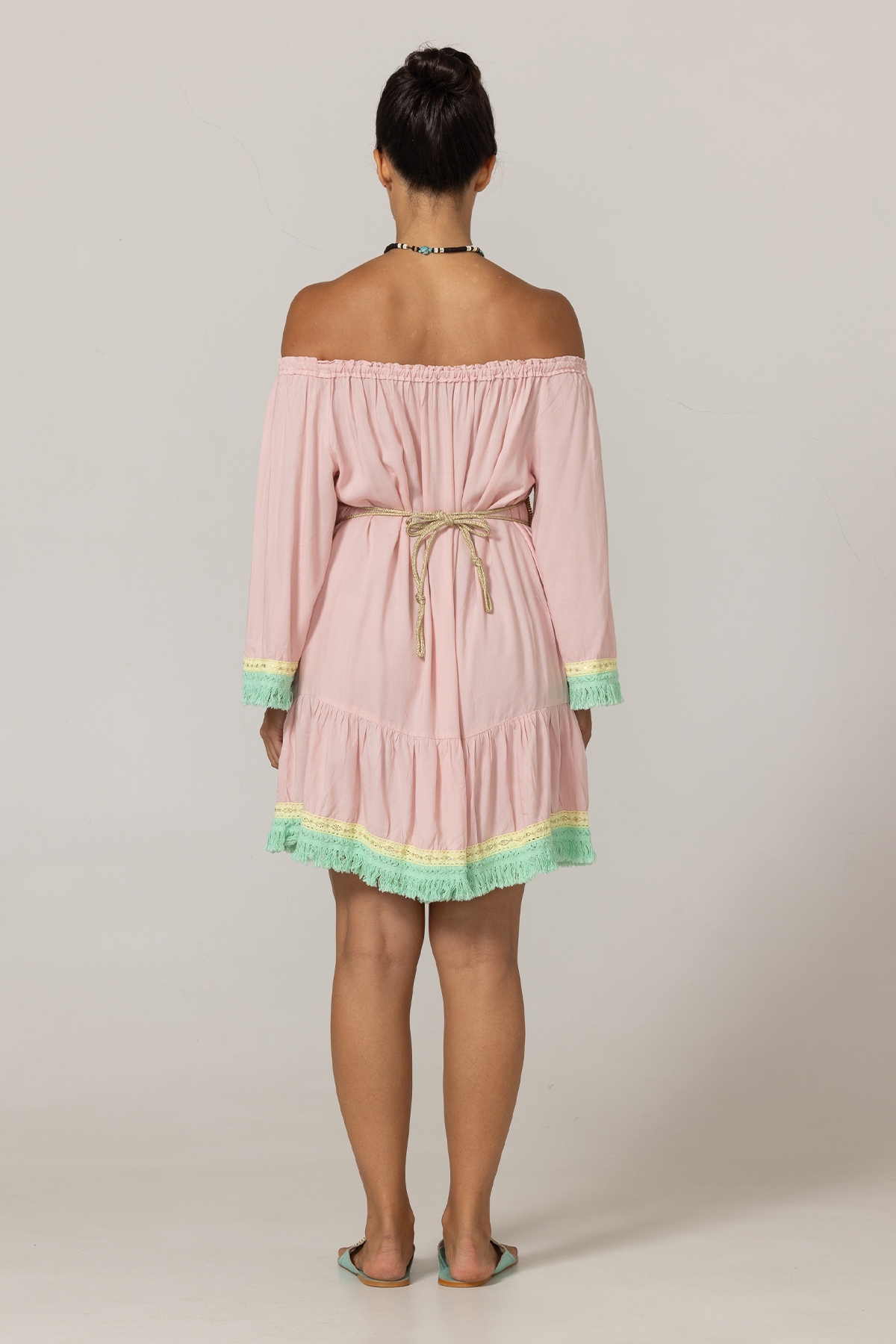 Azra Short Dress: pink - embroidered bib - off-shoulder - 100% Modal - cotton fringes - Miss June Paris - 4