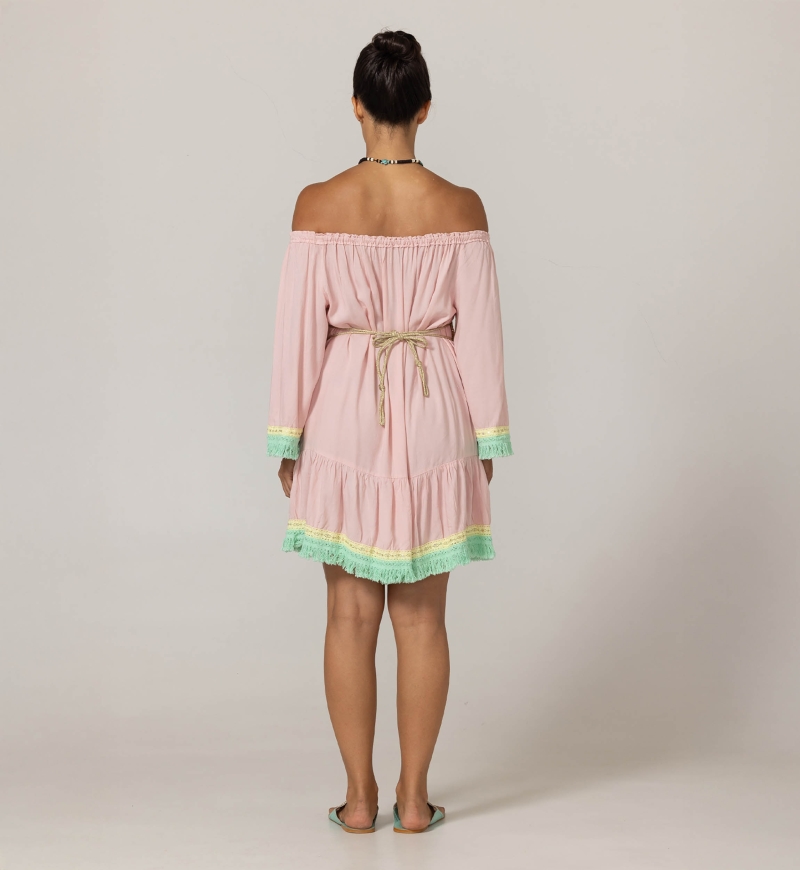 Azra Kurzes Kleid: rosa - besticktes Brustteil - schulterfrei - 100% Modal - Baumwollfransen - Miss June Paris - 4