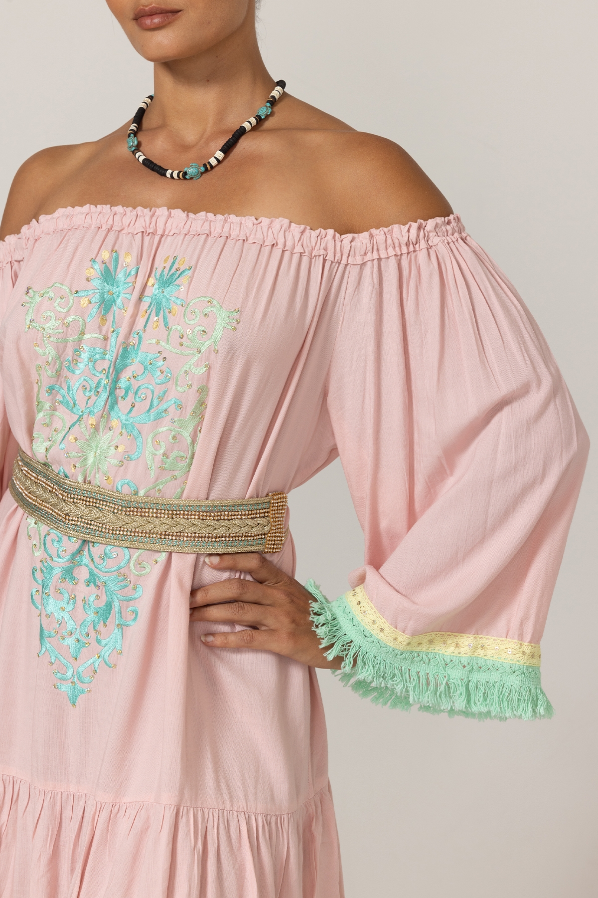 Azra Short Dress: pink - embroidered bib - off-shoulder - 100% Modal - cotton fringes - Miss June Paris - 5