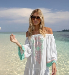 Abito Corto Azra: bianco - bustino ricamato - spalle scoperte - 100% Modal - frange in cotone - Miss June Paris - 2