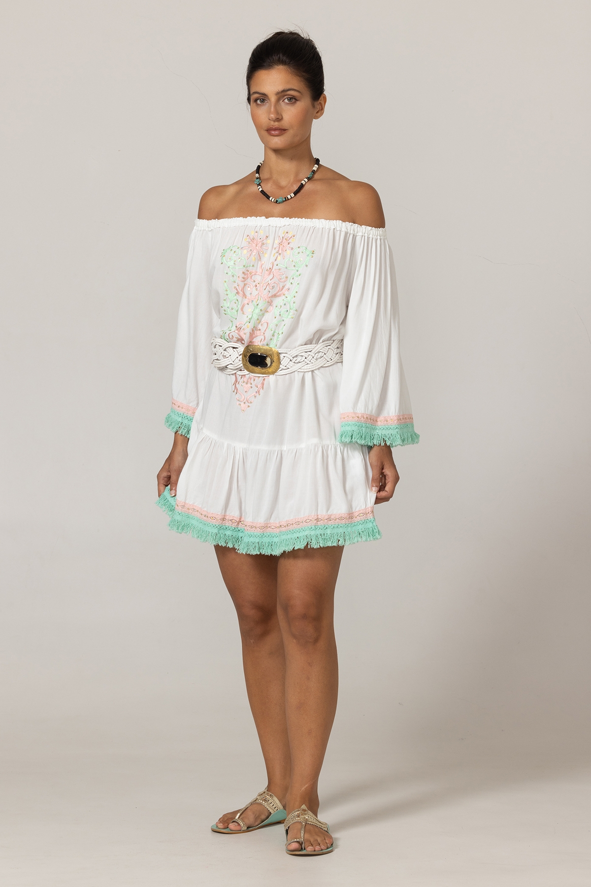 Azra Short Dress: white - embroidered bib - off-shoulder - 100% Modal - cotton fringes - Miss June Paris - 3