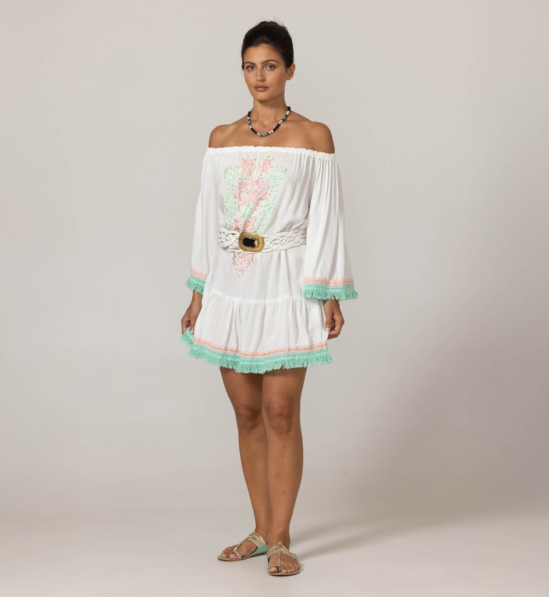 Vestido Curto Azra: branco- peitoral bordado - ombros à mostra - 100% Modal - franjas de algodão - Miss June Paris - 3