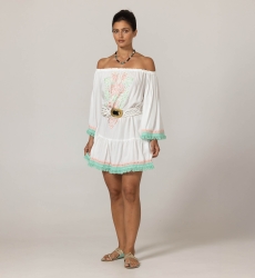 Abito Corto Azra: bianco - bustino ricamato - spalle scoperte - 100% Modal - frange in cotone - Miss June Paris - 3