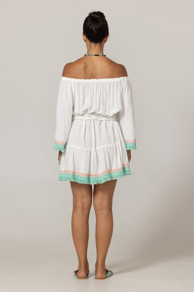 Azra Short Dress: white - embroidered bib - off-shoulder - 100% Modal - cotton fringes - Miss June Paris - 4