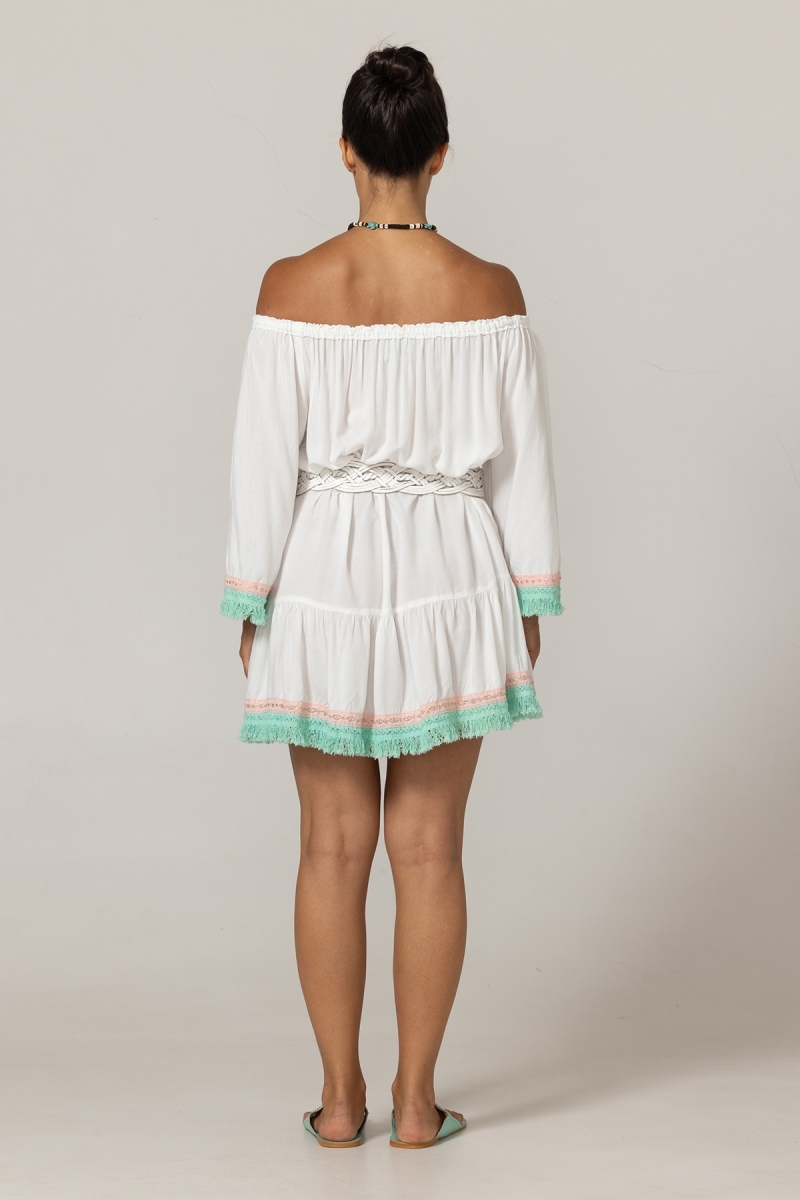 Abito Corto Azra: bianco - bustino ricamato - spalle scoperte - 100% Modal - frange in cotone - Miss June Paris - 4
