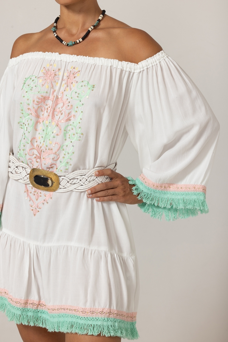 Robe Courte Azra : blanche - plastron brodé - épaules dénudées - 100% Modal - franges en coton - Miss June Paris - 5