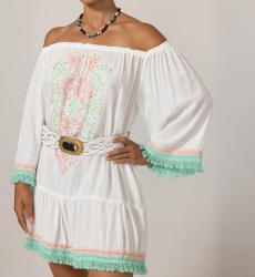 Vestido Curto Azra: branco- peitoral bordado - ombros à mostra - 100% Modal - franjas de algodão - Miss June Paris - 5