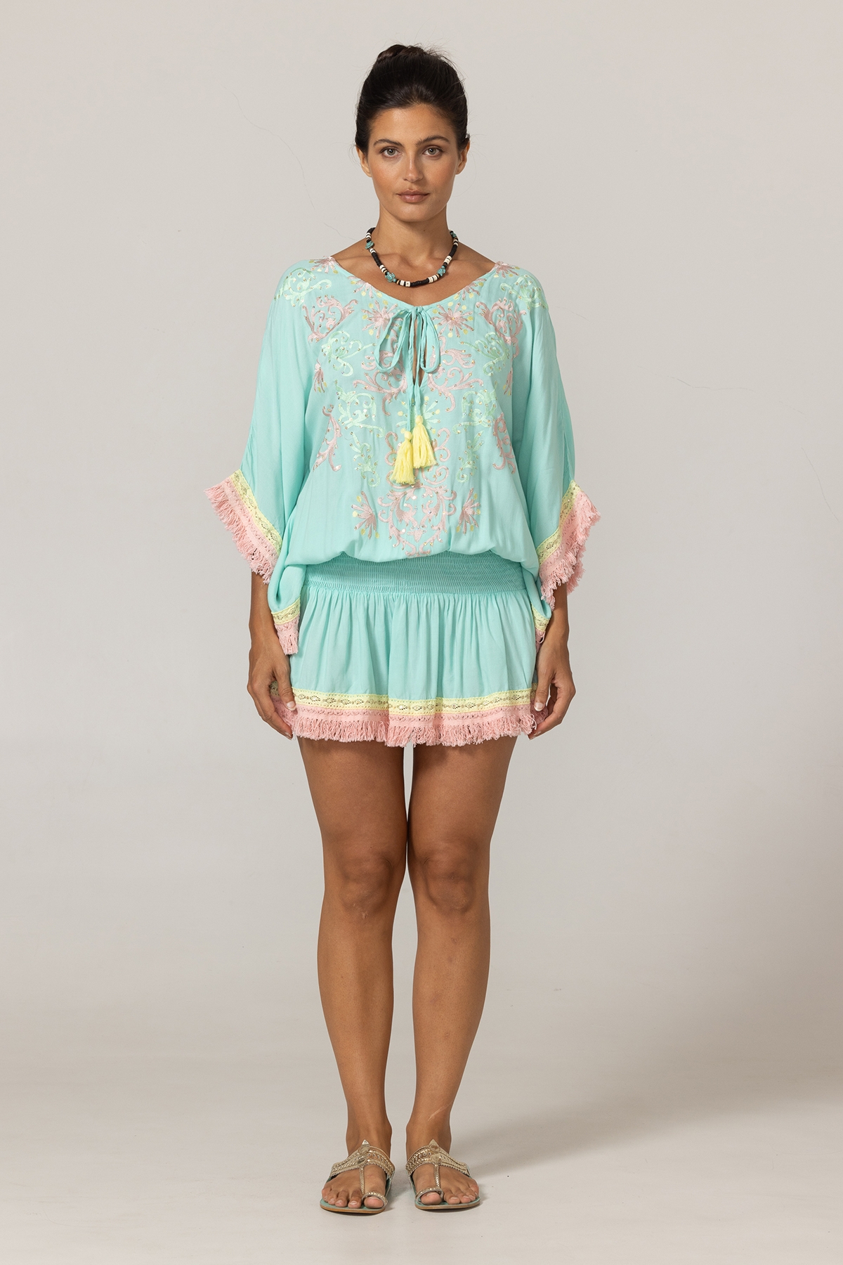 Sejla Short Dress: aqua - embroidered bib - 100% Modal - cotton fringes - bohemian touch - Miss June Paris - 3