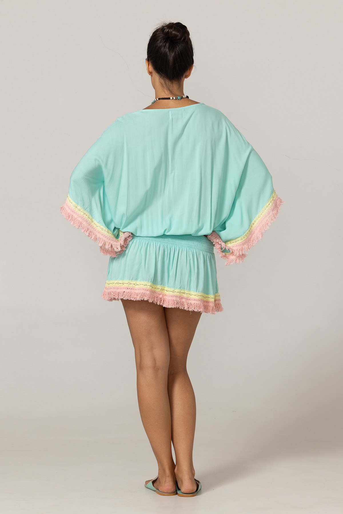 Sejla Short Dress: aqua - embroidered bib - 100% Modal - cotton fringes - bohemian touch - Miss June Paris - 4