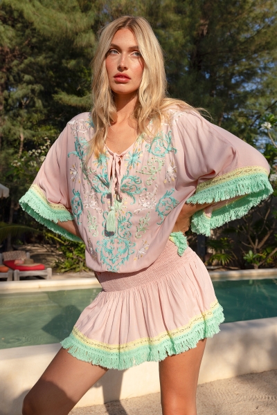 Sejla Short Dress: pink - embroidered bib - 100% Modal - cotton fringes - bohemian touch - Miss June Paris - 1