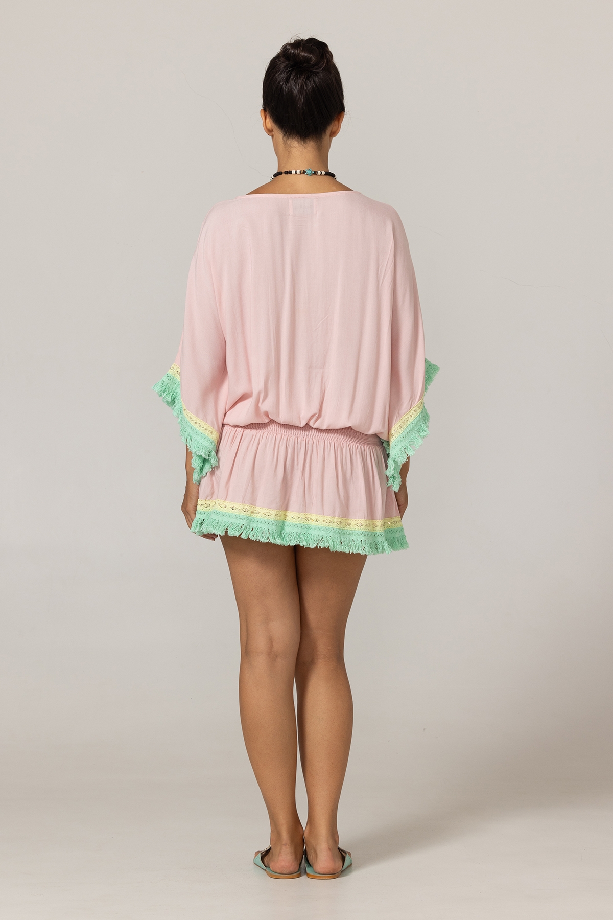 Sejla Short Dress: pink - embroidered bib - 100% Modal - cotton fringes - bohemian touch - Miss June Paris - 4