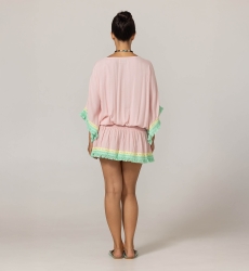 Abito Corto Sejla: rosa - bustino ricamato - 100% Modal - frange in cotone - tocco bohemien - Miss June Paris - 4