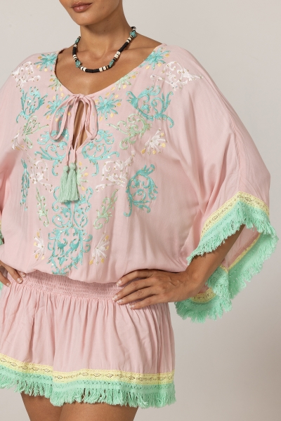 Sejla Short Dress: pink - embroidered bib - 100% Modal - cotton fringes - bohemian touch - Miss June Paris - 5