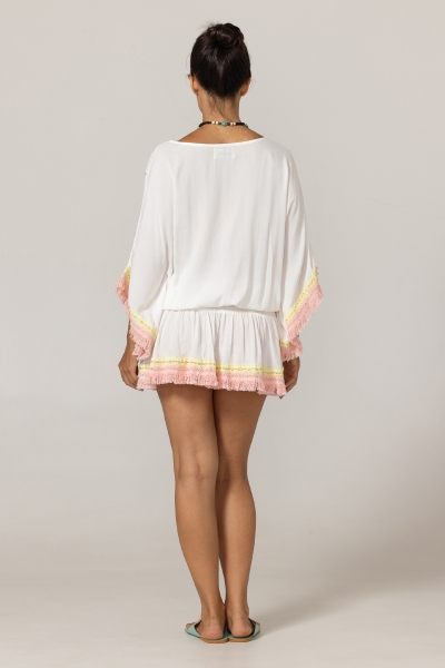 Sejla Short Dress: white - embroidered bib - 100% Modal - cotton fringes - bohemian touch - Miss June Paris - 4