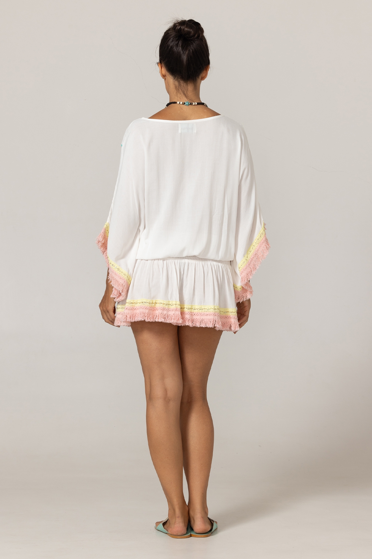 Sejla Short Dress: white - embroidered bib - 100% Modal - cotton fringes - bohemian touch - Miss June Paris - 4