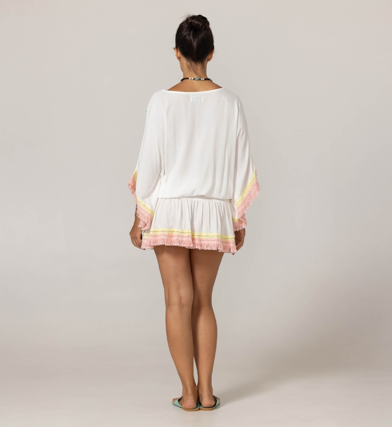 Abito Corto Sejla: bianco - bustino ricamato - 100% Modal - frange in cotone - tocco bohemien - Miss June Paris - 4