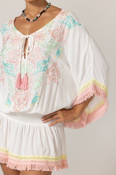 Sejla Short Dress: white - embroidered bib - 100% Modal - cotton fringes - bohemian touch - Miss June Paris - 5