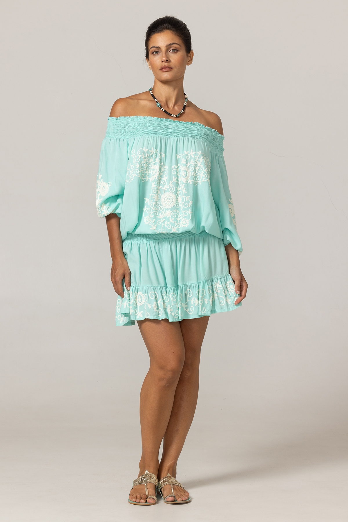 Aleyna Short Dress: aqua - embroidered bib - 100% Modal - bohemian touch - Miss June Paris - 3