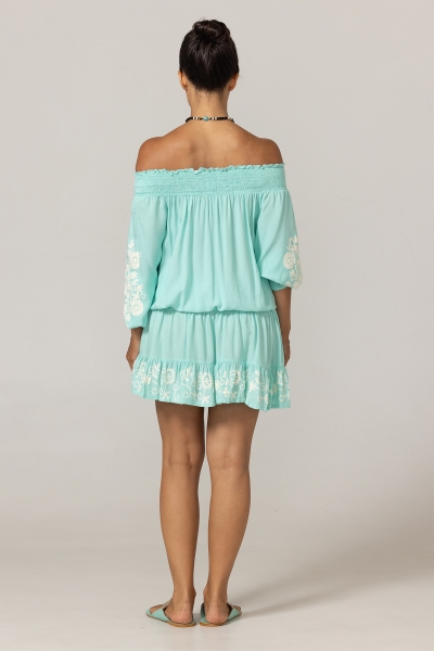 Aleyna Short Dress: aqua - embroidered bib - 100% Modal - bohemian touch - Miss June Paris - 4