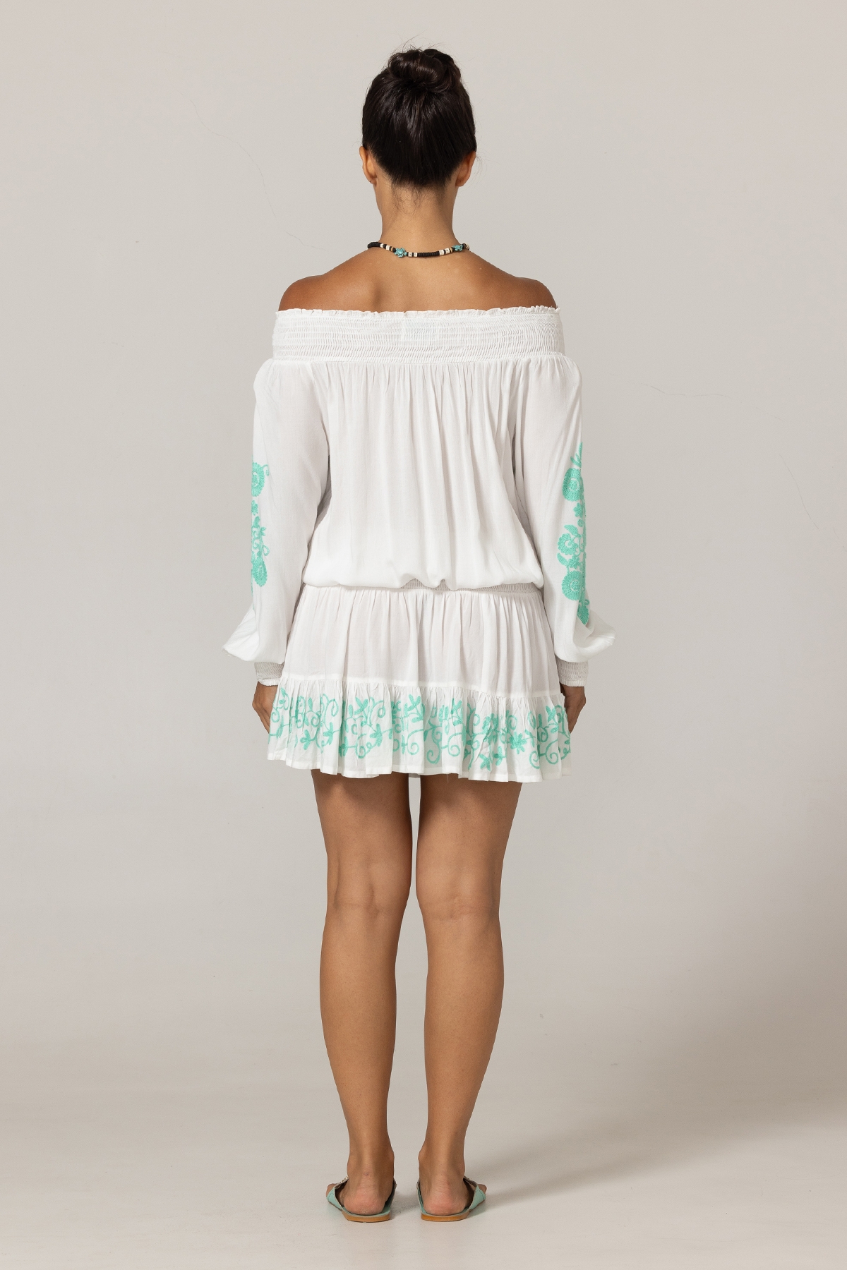 Aleyna Short Dress: white - embroidered bib - 100% Modal - bohemian touch - Miss June Paris - 4